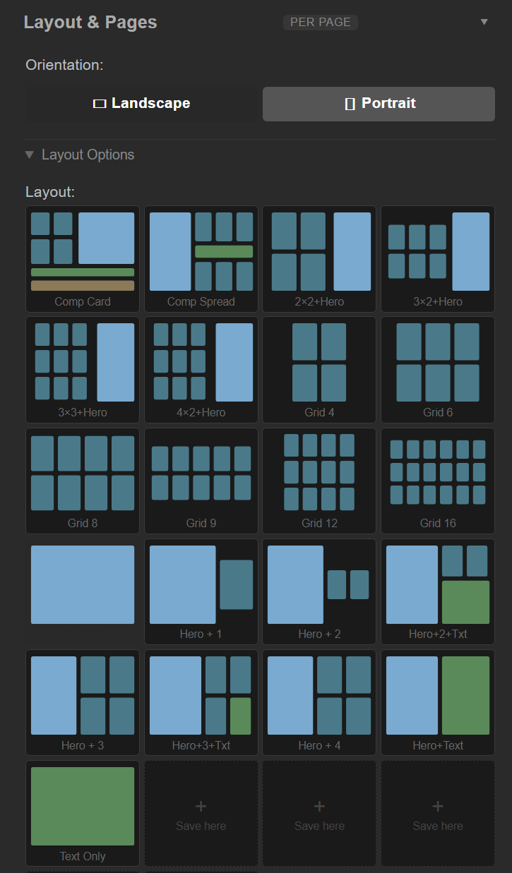 Layout selector showing 16+ layouts