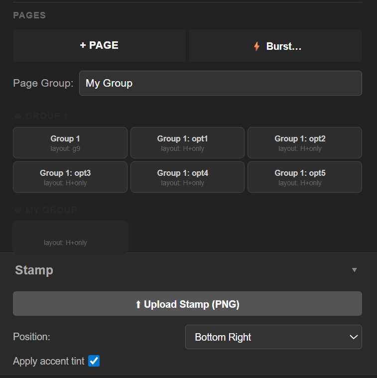 Pages panel with Burst mode